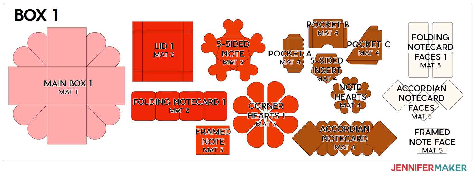 This is a diagram of the cut pieces to make box one for my heart explosion box