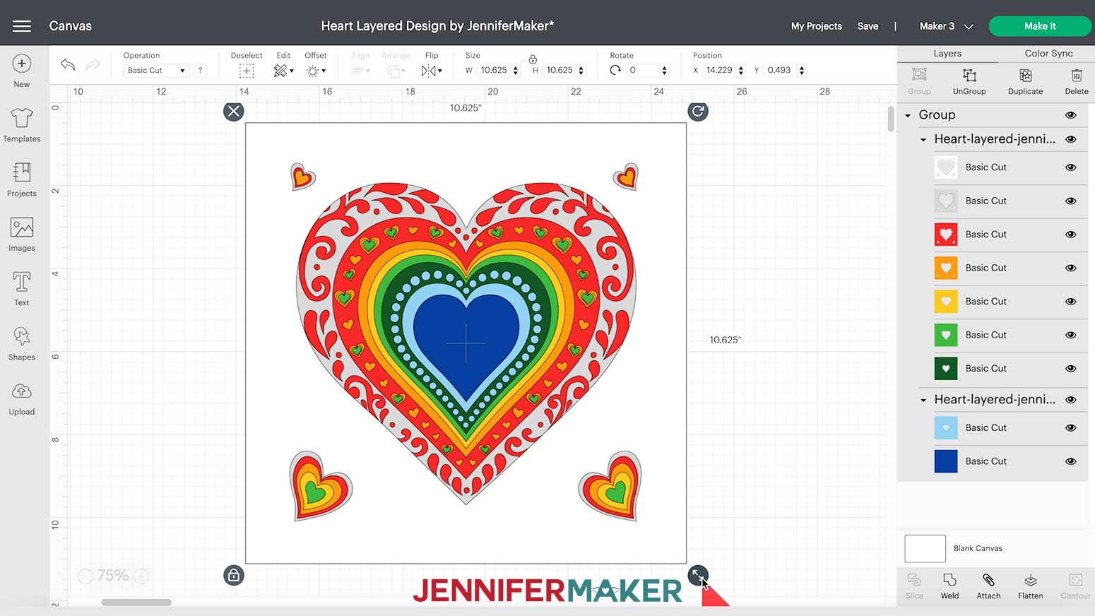 Resizing heart layered design in Design Space