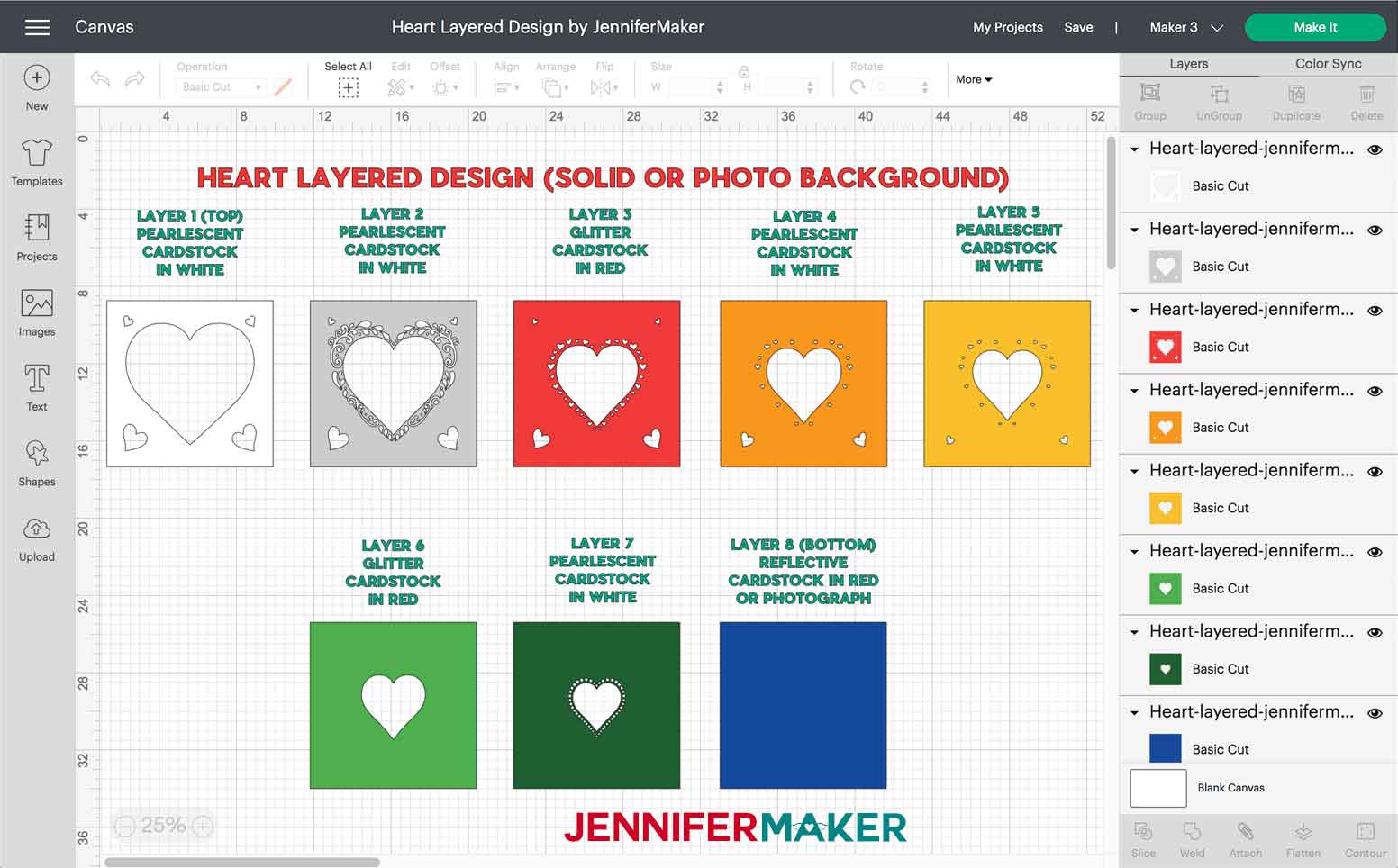 Layer order and materials used to cut solid background heart layered SVG