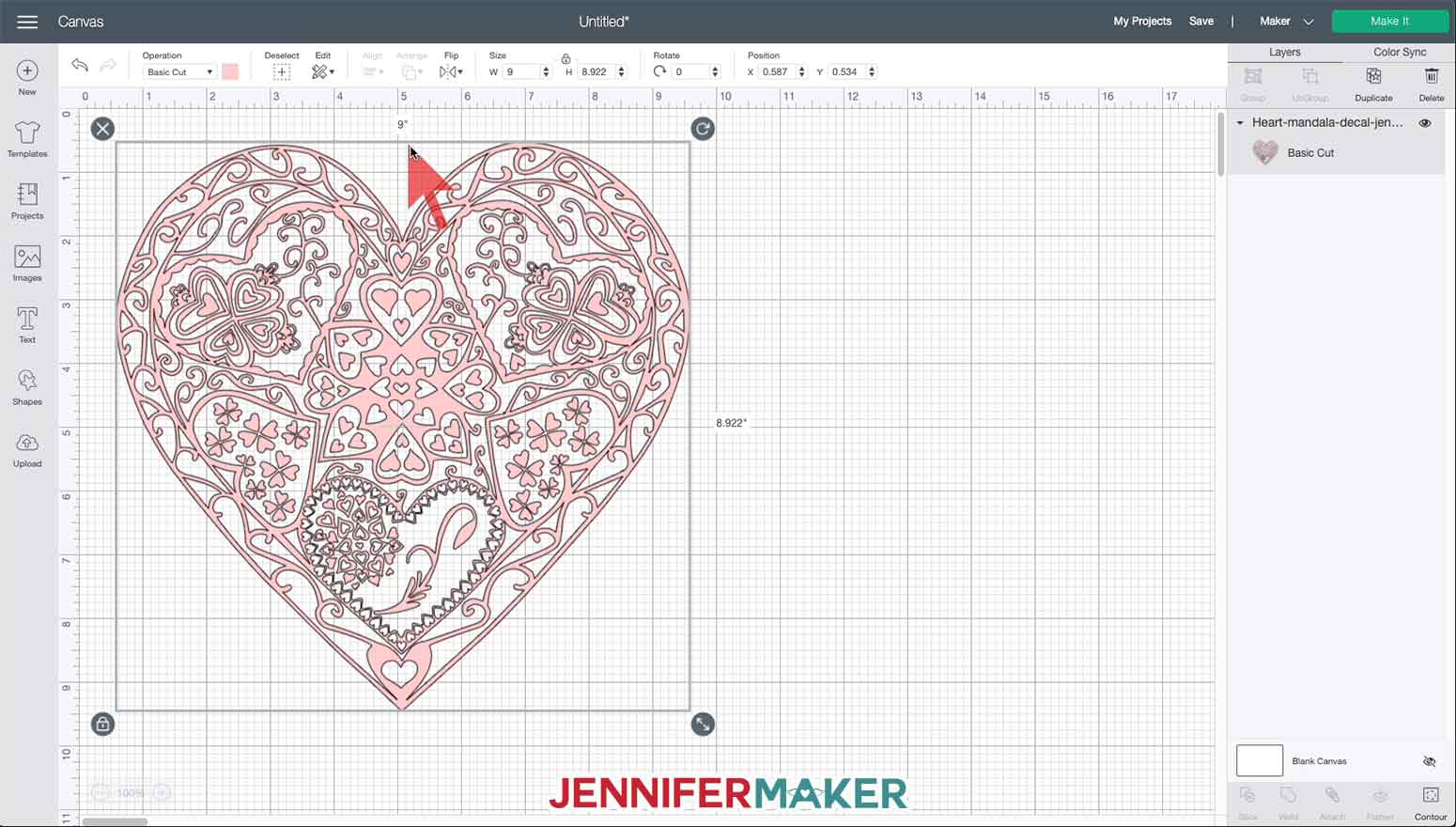 Heart Mandala SVG uploaded to Cricut Design Space