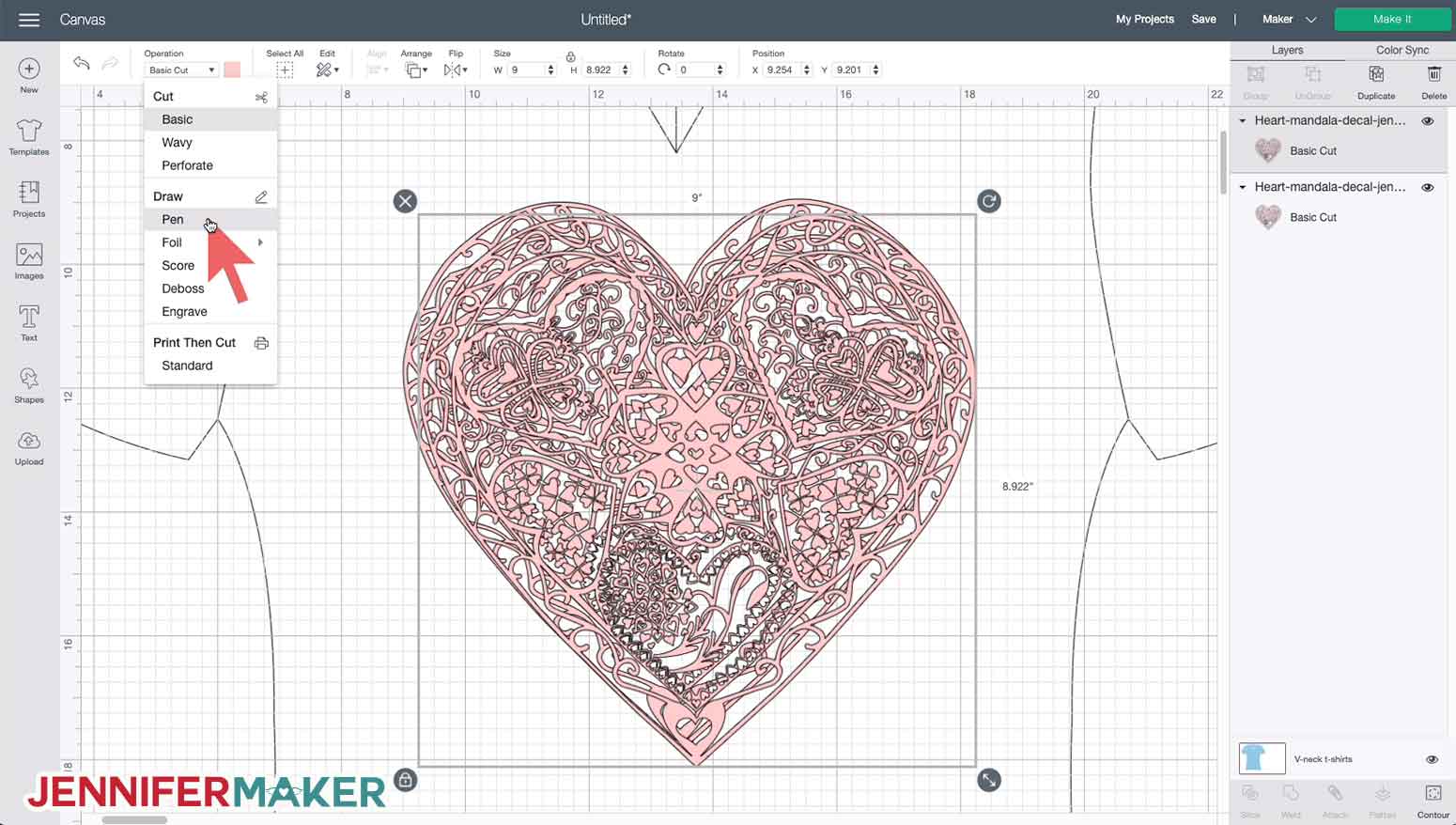 Center aligning two layers in Cricut Design Space to make the heart mandala SVG iron on decal