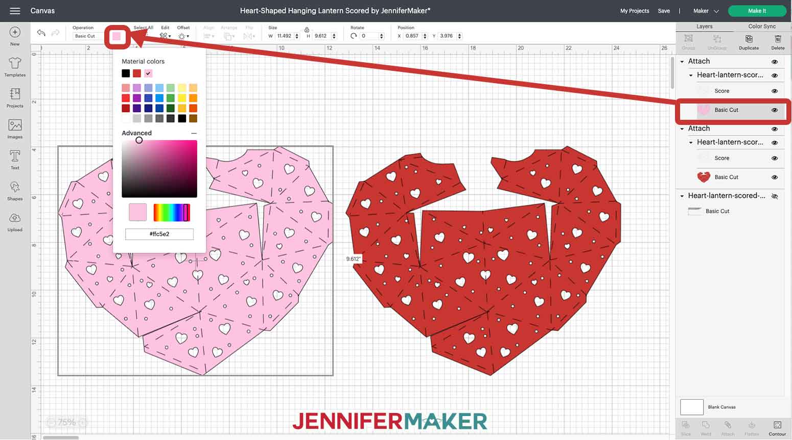 Changing the color of the heart-shaped lantern layer in Cricut Design Space