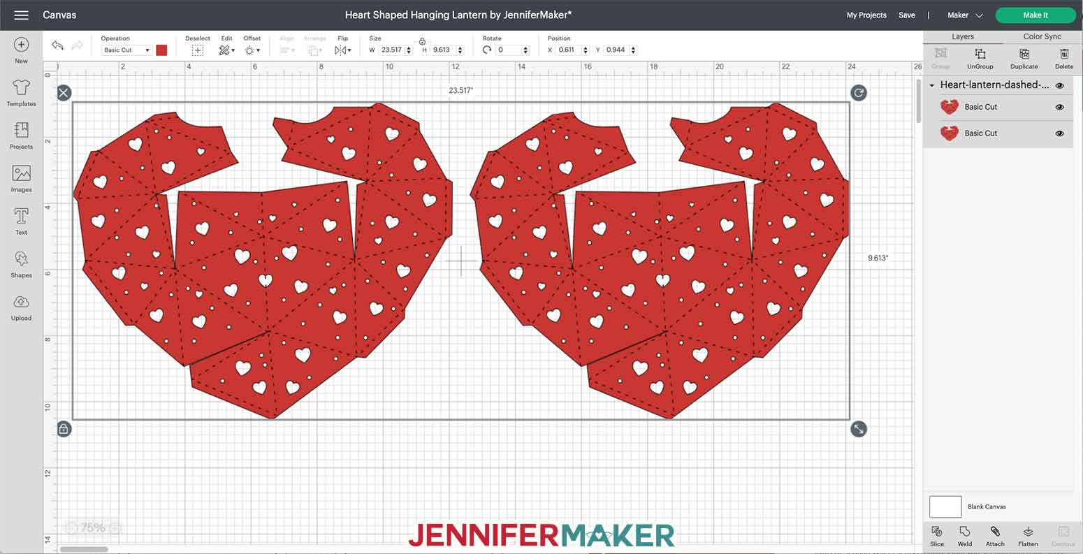 Heart-shaped lantern SVG cut file with dashed lines uploaded to Cricut Design Space