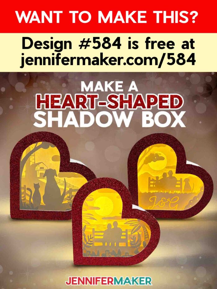 Make a Heart-Shaped Shadow Box with Jennifer Maker's tutorial! Three heart-shaped shadow boxes with red glitter frames and different designs -- one customizable! Want to make this? Design #584 is free at jennifermaker.com/584