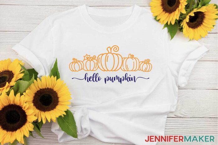 White T-Shirt with "Hello Pumpkin" in black and orange iron-on vinyl