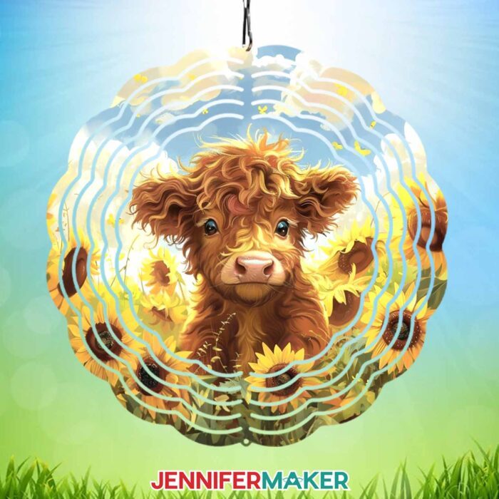 Make adorable tumblers and wind spinners with JenniferMaker's AI-generated Highland Cow PNG collection! A cute wind spinner with a highland cow design.