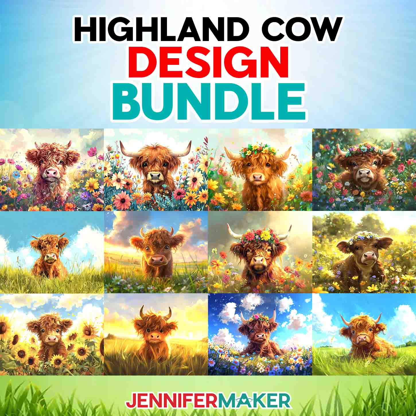 Make adorable tumblers and wind spinners with JenniferMaker's AI-generated Highland Cow PNG collection!