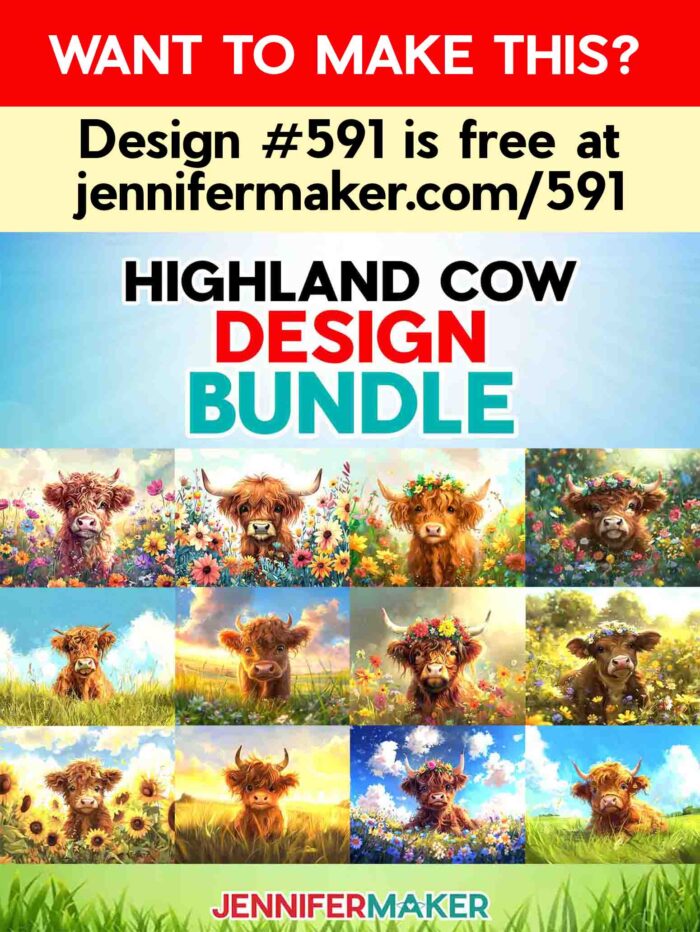Make adorable tumblers and wind spinners with JenniferMaker's AI-generated Highland Cow PNG collection! Want to make this? Design #591 is free at jennifermaker.com/591.