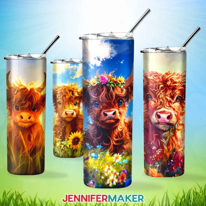 Make adorable tumblers and wind spinners with JenniferMaker's AI-generated Highland Cow PNG collection! Four cute tumblers highland cow designs.