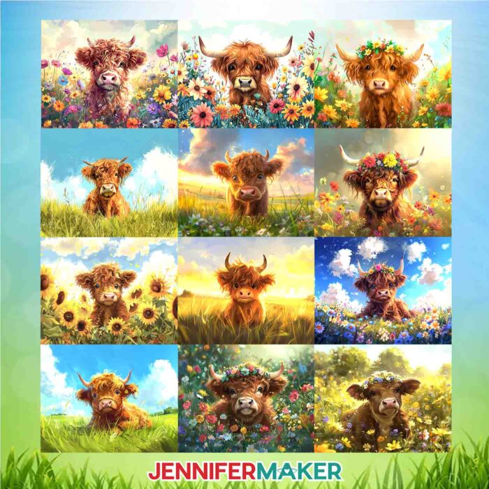 Make adorable tumblers and wind spinners with JenniferMaker's AI-generated Highland Cow PNG collection!