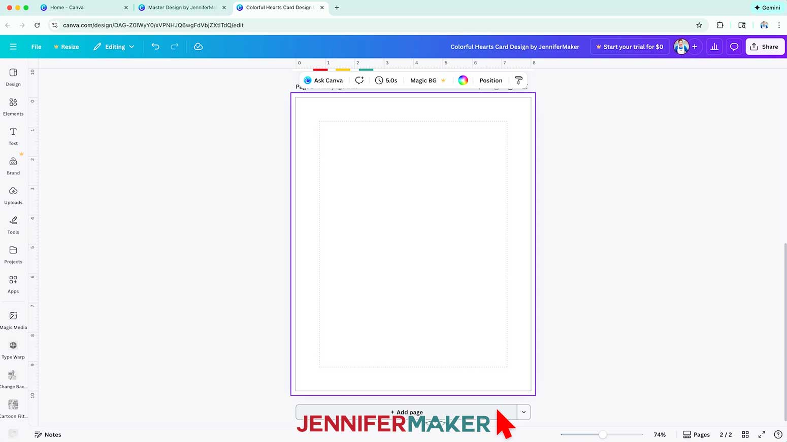 Click the button at the bottom of the canvas to add a second page to the design.