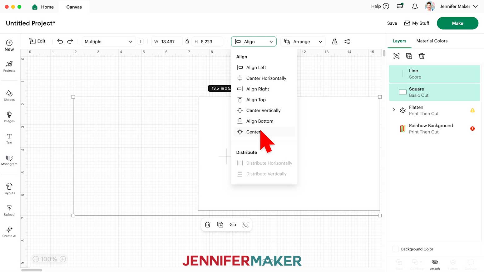 Select the score line and the rectangle and click on the Align dropdown menu to select Center.