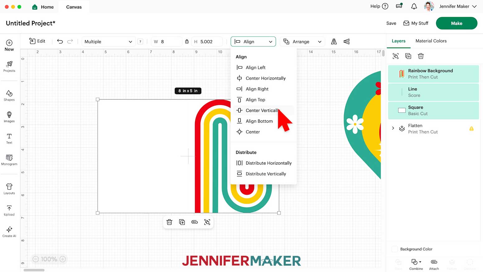 Select the card, score line, and rainbow background and click on the Align dropdown menu to select Center Vertically.