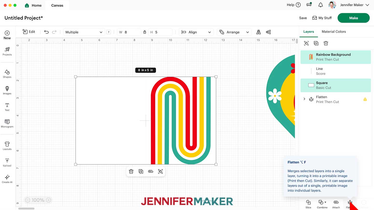 Select the card layer and the rainbow background layer and click on the Flatten icon.