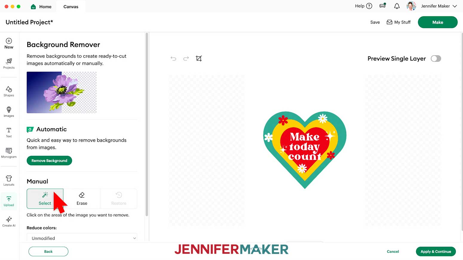 Use the Manual selection wand to remove the background of the heart design.