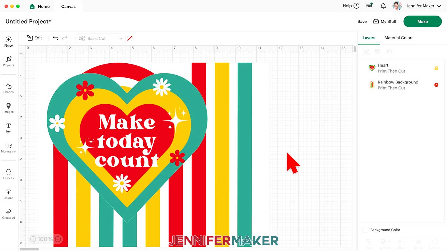 The rainbow background and heart are uploaded to the Design Space canvas.