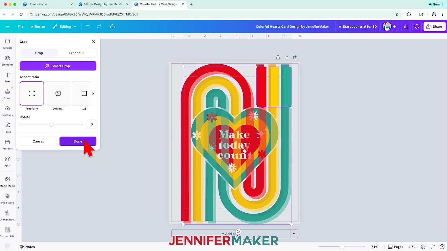With Freeform selected, crop the design to leave just the ends of the top of the rainbow lines showing.
