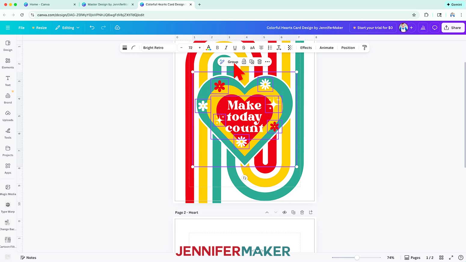 Select all of the elemnts in the heart and select the Group icon.