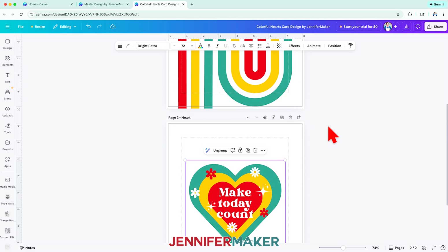 Move the grouped heart elements to the second page of the canvas.