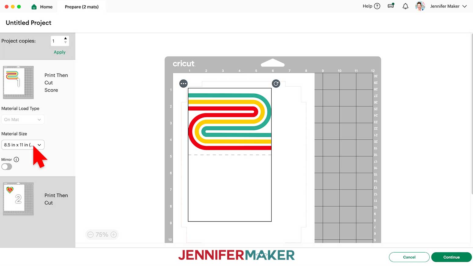 On the Preview screen, check that the material size is set to 8.5 inches x 11 inches.