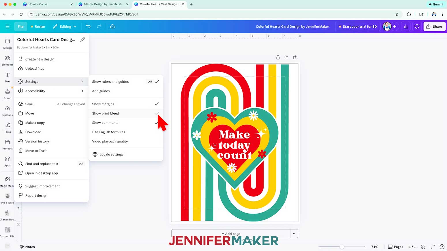 Click File in the upper left corner, select settings and then click Show Print Bleed for the borders to appear on the canvas.