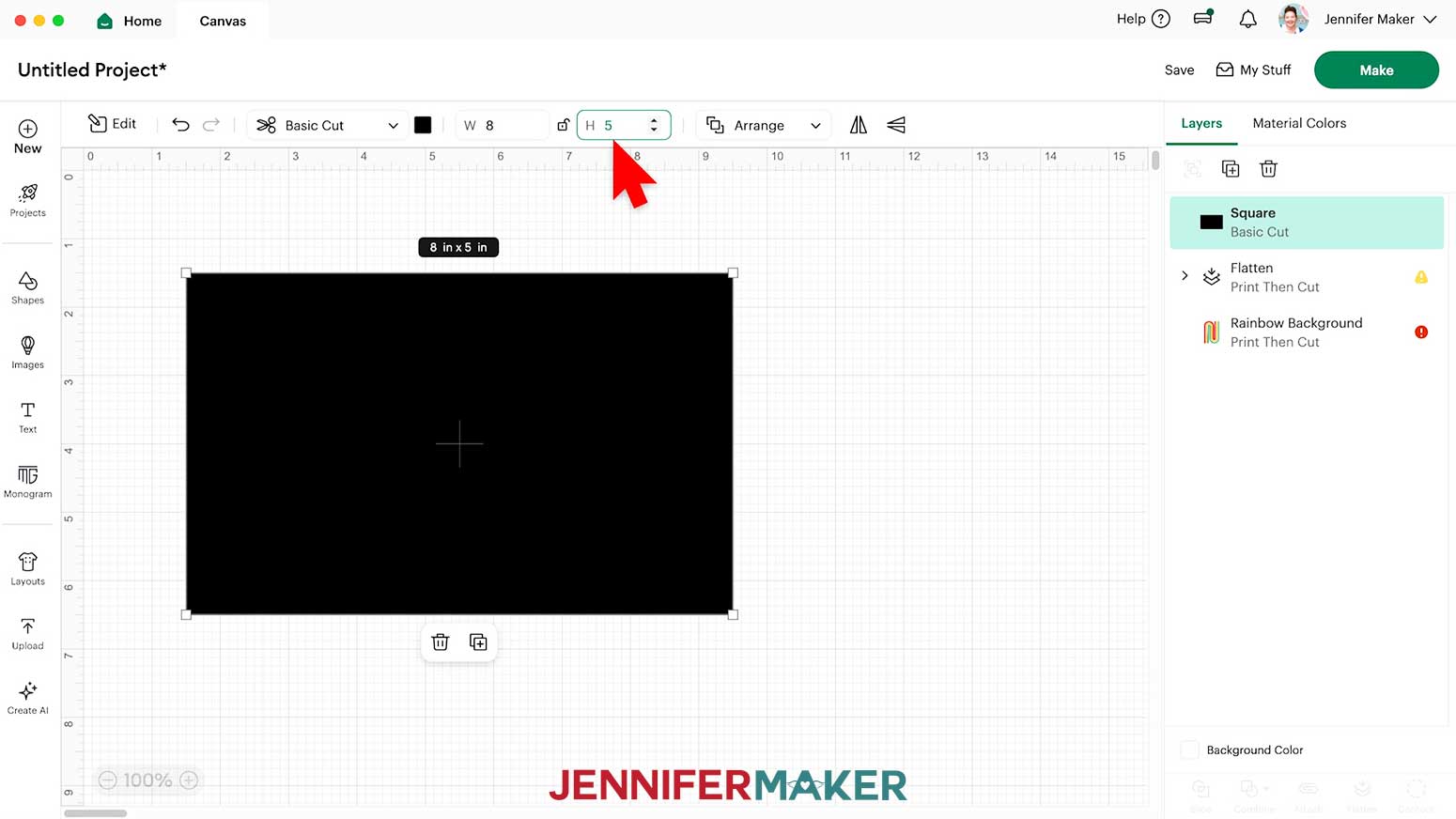 Unlock the measurements and enter 8 for the width and 5 for the height.