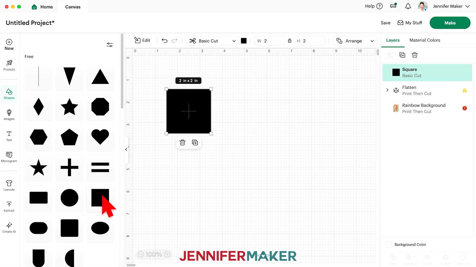 Click on the Shapes icon in the left toolbar and select the free square.