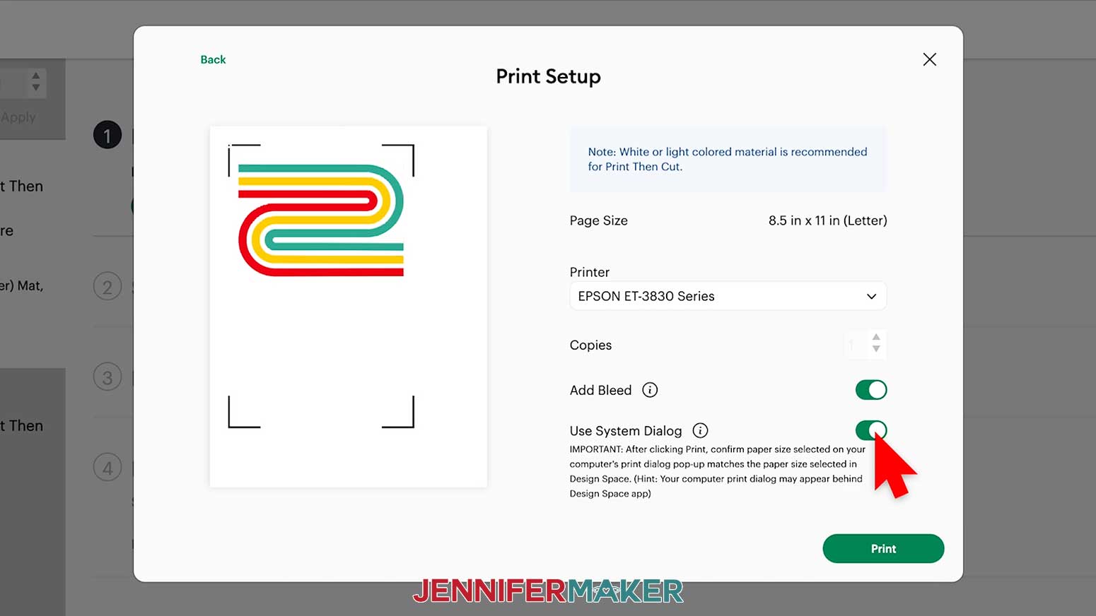 Toggle Add Bleed to the on position and toggle to use the system dialog for printing.