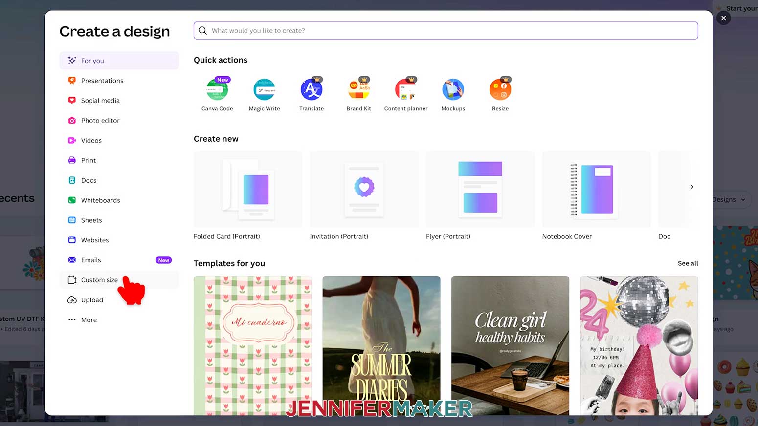 On the Canva website, click Custom Size to create a blank canvas with specific dimensions.
