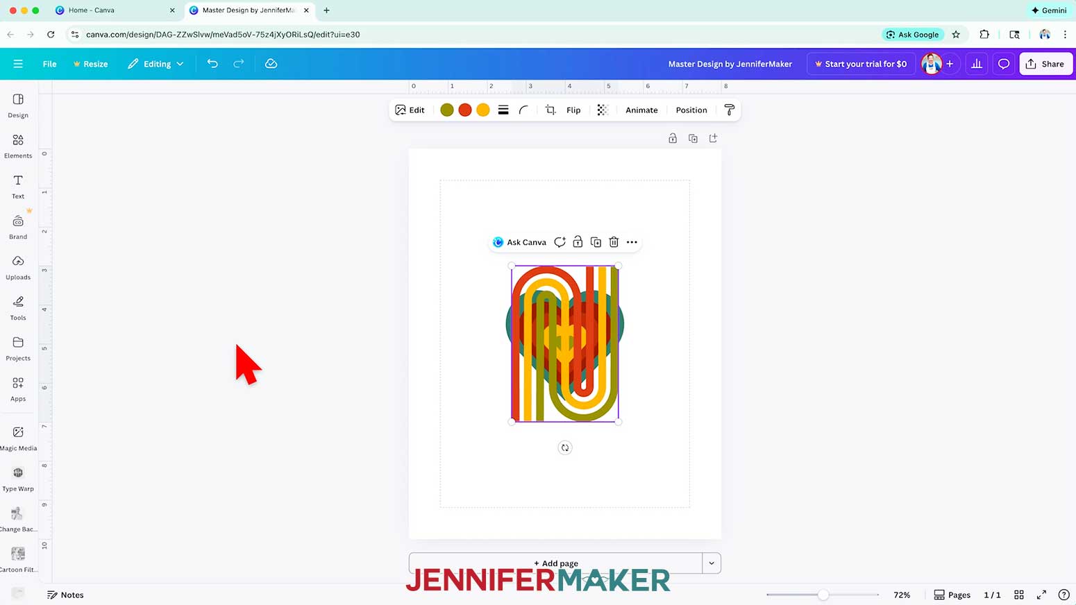 Add rainbow lines and heart elements to the Canva canvas.