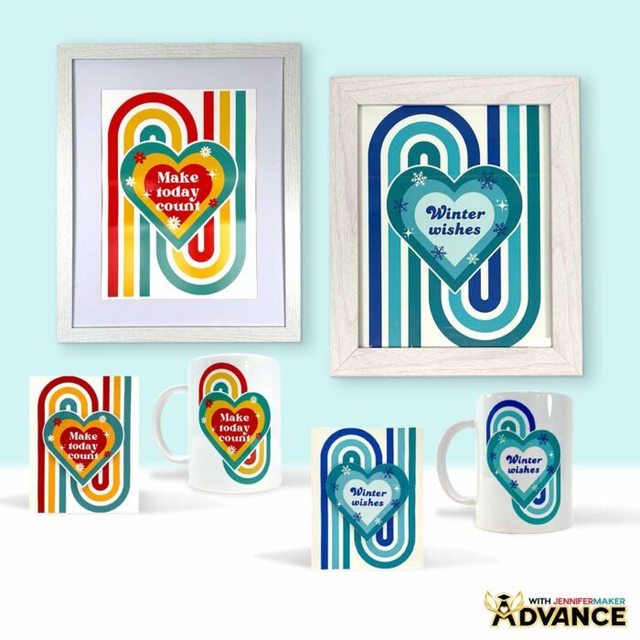 A collection of projects from the How To Adapt Designs tutorial: framed posters, mugs, and cards, with varying colorful hearts designs adapted for each item
