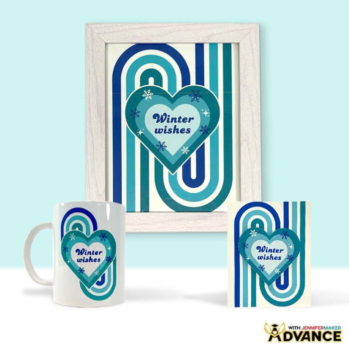 A collection of projects from the How To Adapt Designs ADVANCE tutorial: a framed poster, a mug, and a card, with the same "Winter wishes" colorful hearts designs adapted for each item