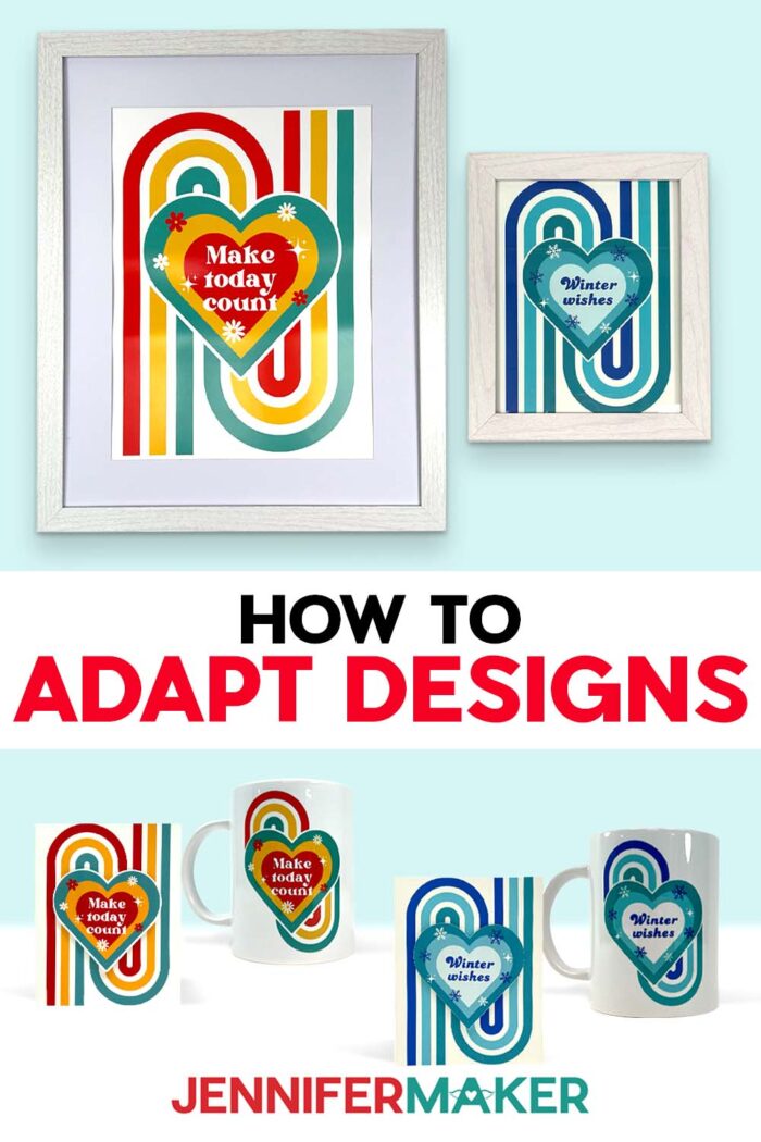 A collection of projects from the How To Adapt Designs tutorial: framed posters, mugs, and cards, with varying colorful hearts designs adapted for each item. Learn how to adapt designs in Canva with JenniferMaker's free tutorial and design files!
