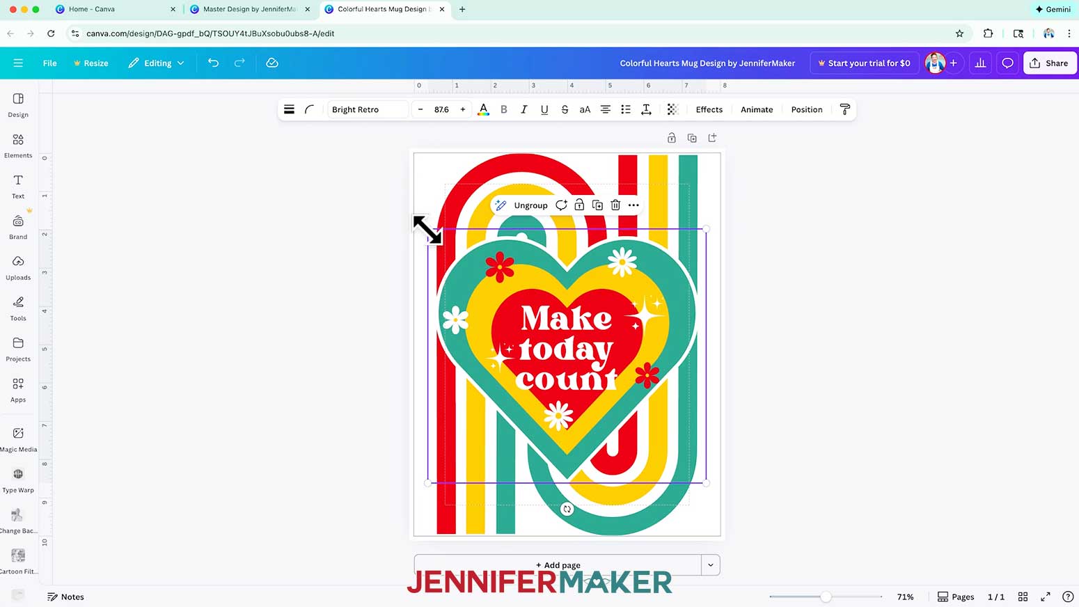 Resize the heart layer to extend to the edges of the rainbow background.