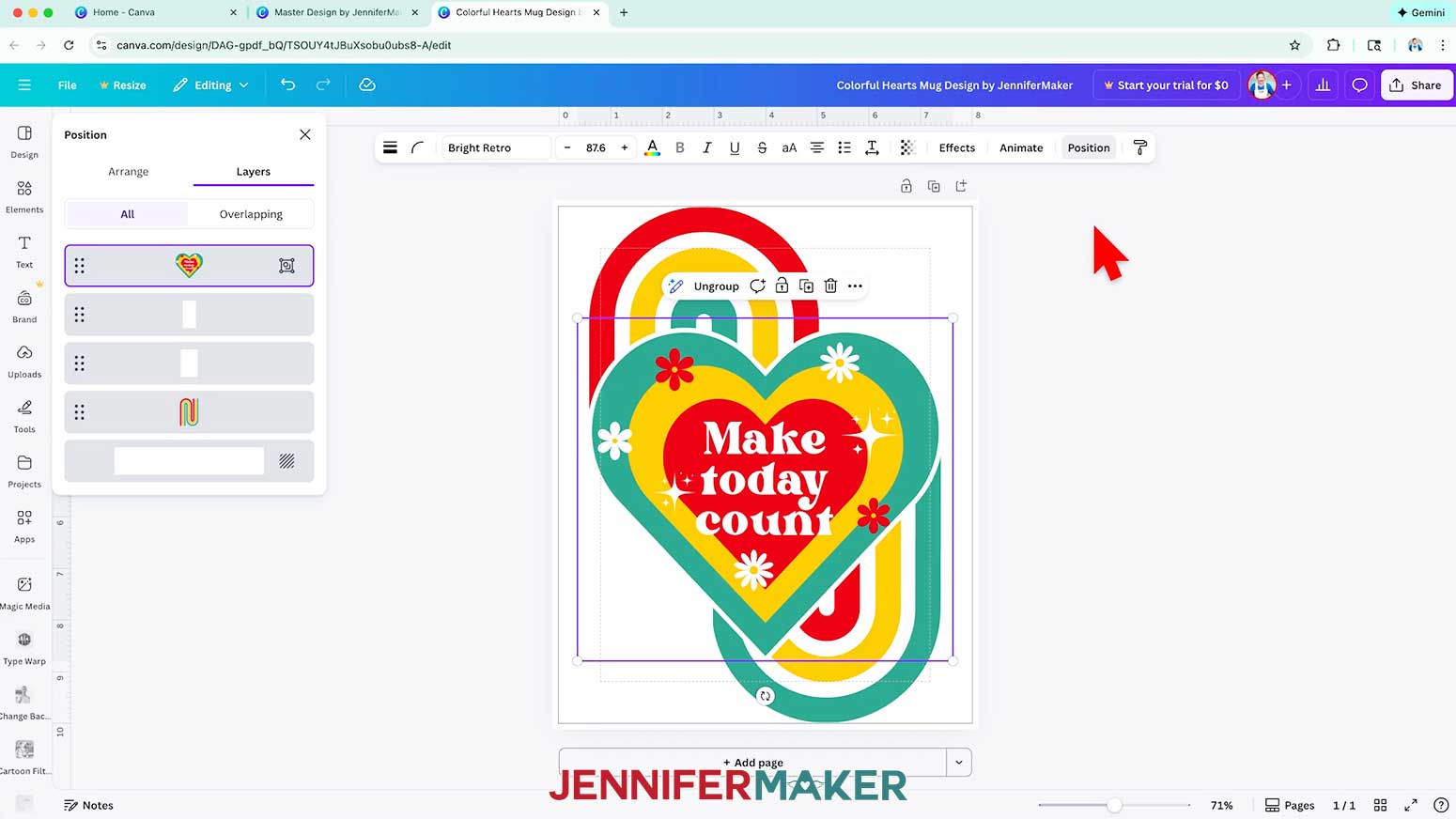 Click on the Position tab in the top toolbar and drag the heart to the top layer.