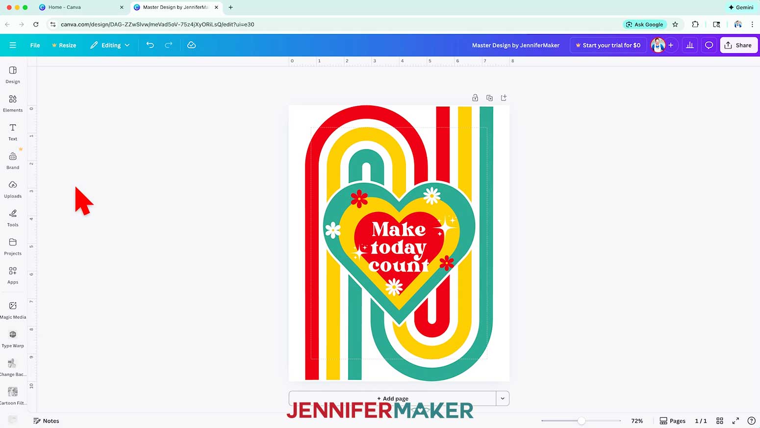 Open the saved master colorful heart rainbow design in Canva.