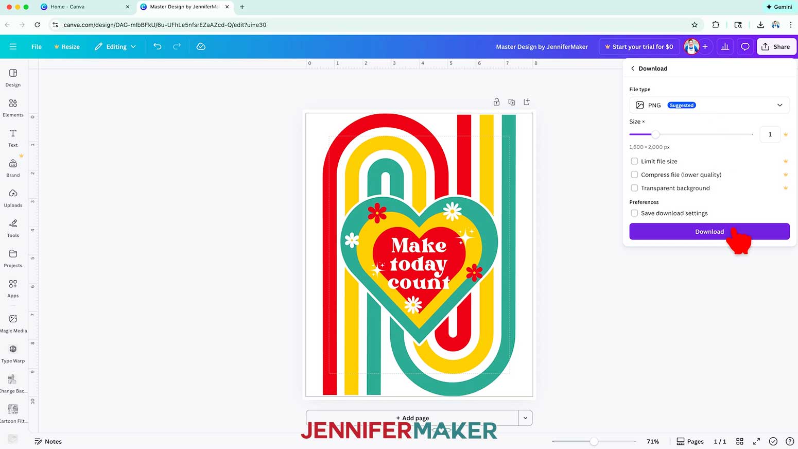 Click Share and select Download to save the design for home printing.