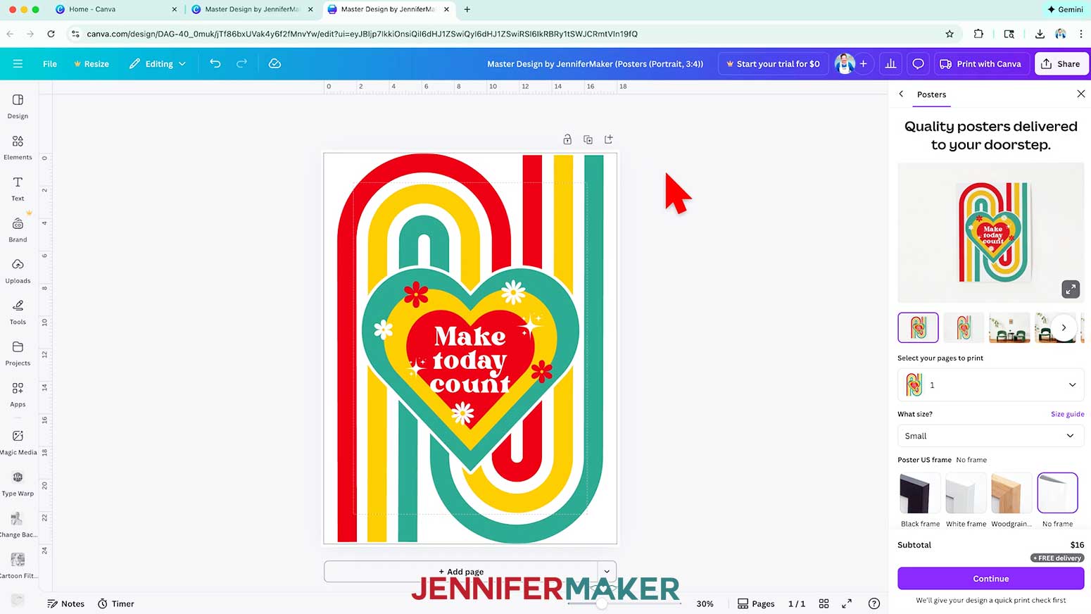 The design resizes to the poster template to Print with Canva in the selected template.