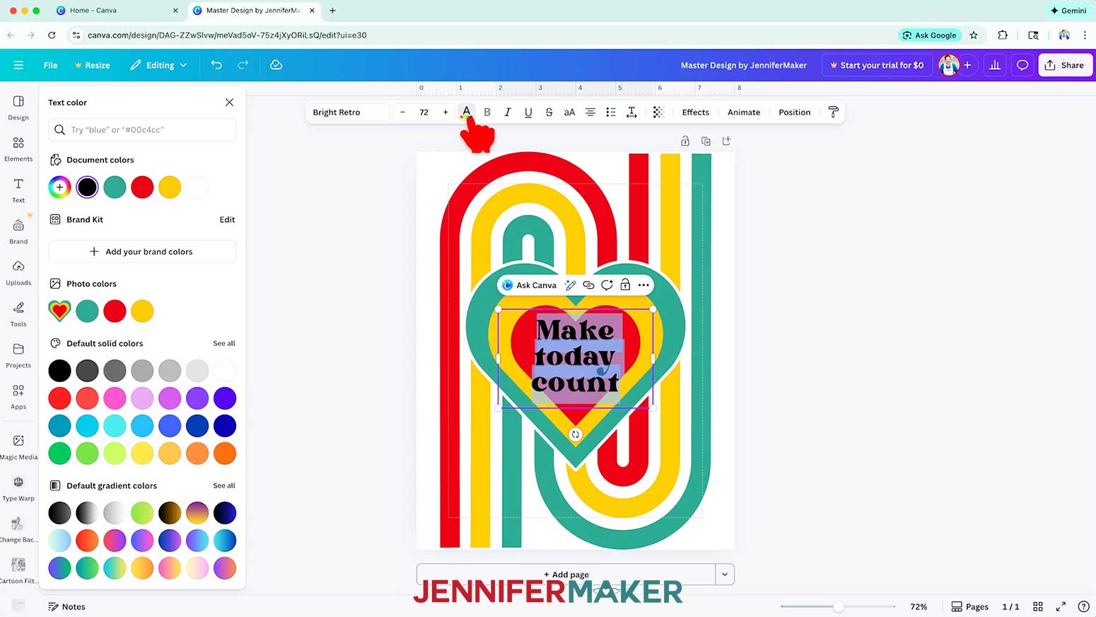 Click on the letter A with the colorful line under it in the upper toolbar to change the color of the text.