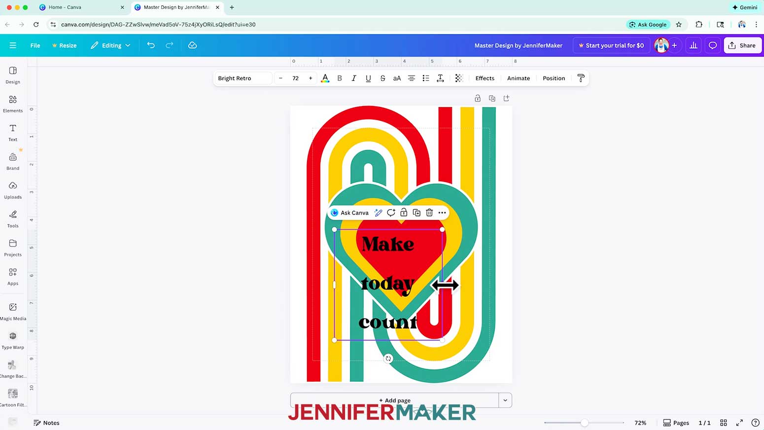 Type the text and resize it to 72 to fit the heart.