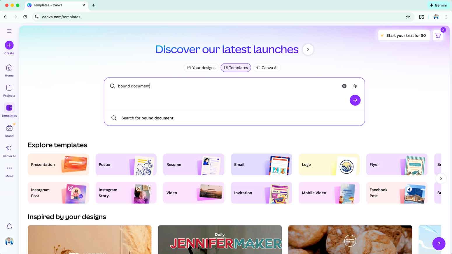 Seach for a bound document in the template search window.