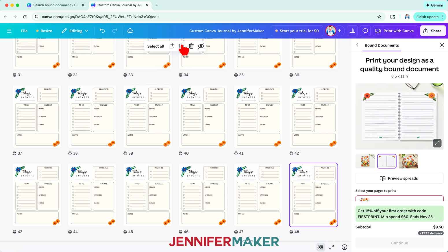 In the grid view, select the Daily page and click the Duplicate icon to repeat it for a month.