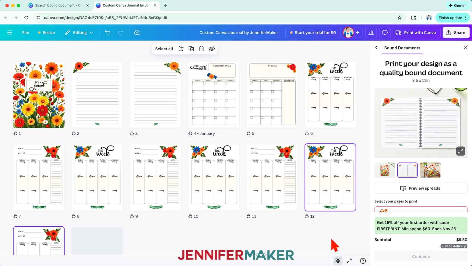 Duplicate the weekly journal pages three times in grid view.