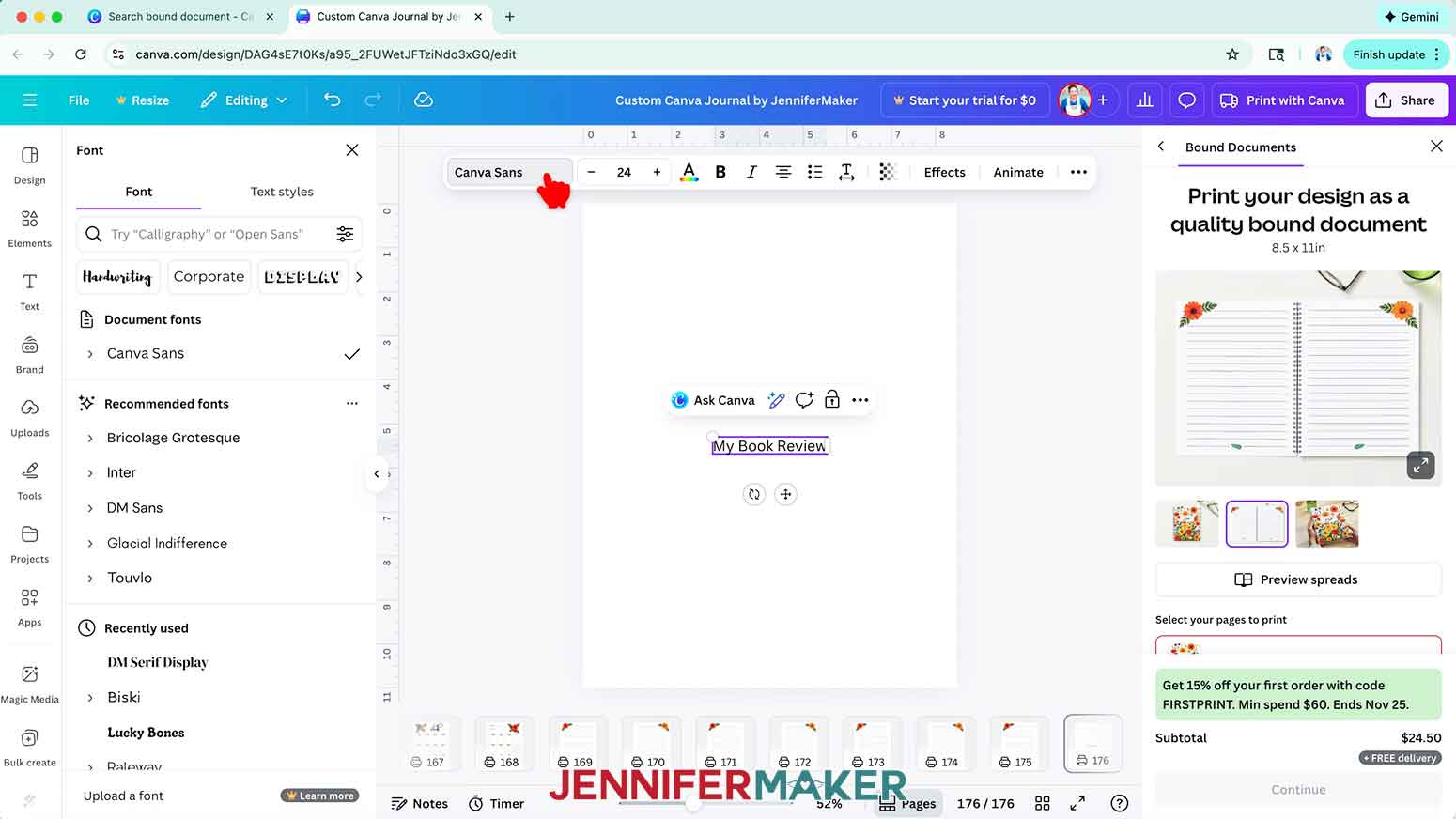 With the text box selected, click on "Canva Sans" in the top toolbar to open the font menu.