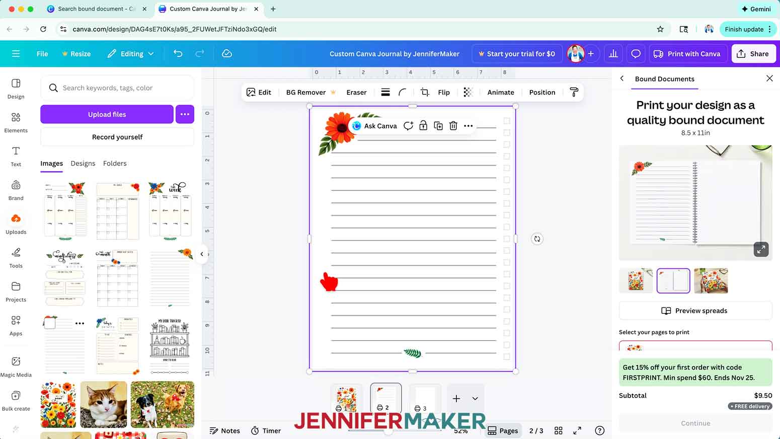 Drag the "lined left" design onto page two of the document.