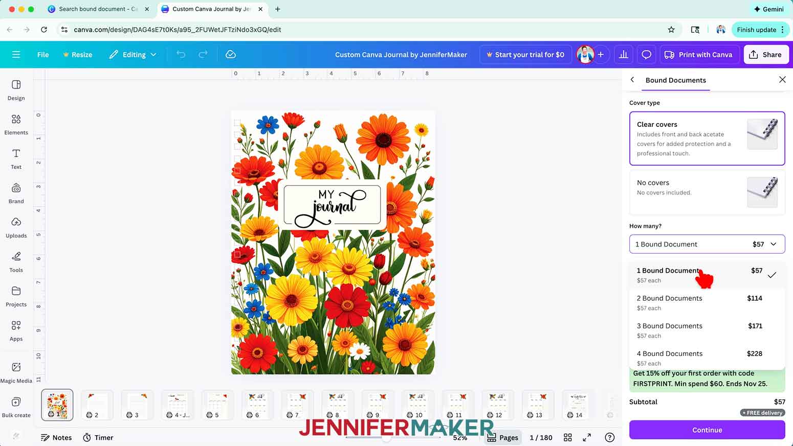 Select order options with a cover and one document.