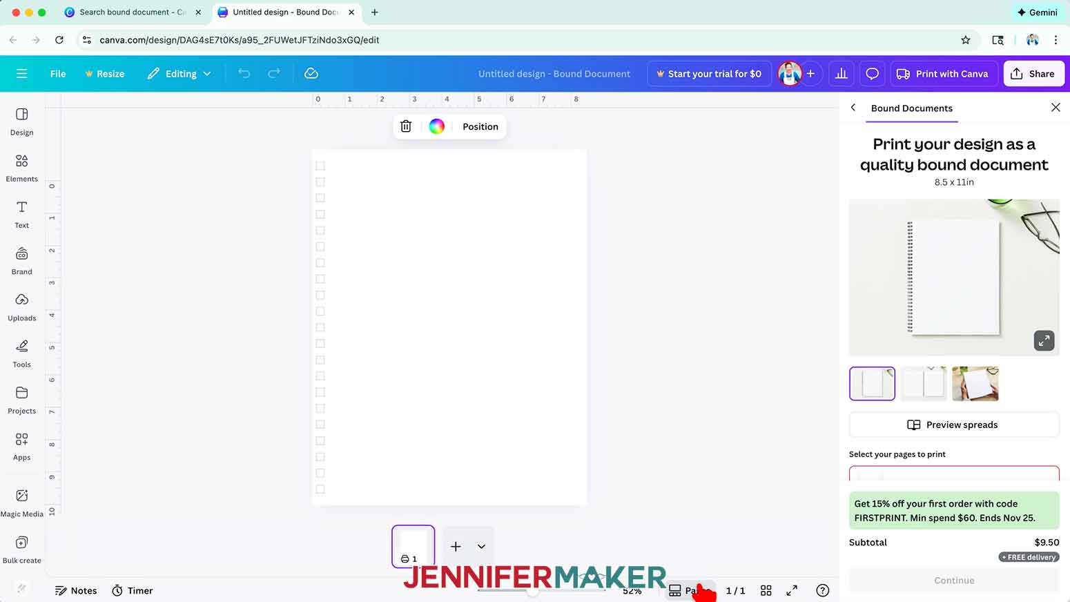 The Canva Bound Document template open to a blank page design.
