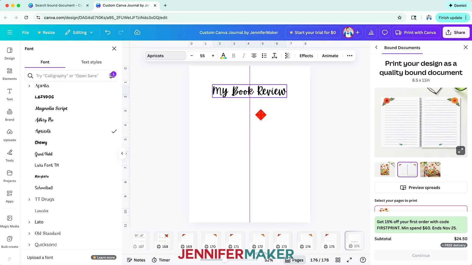 Place the book review title text center in the page using the Canva guides.