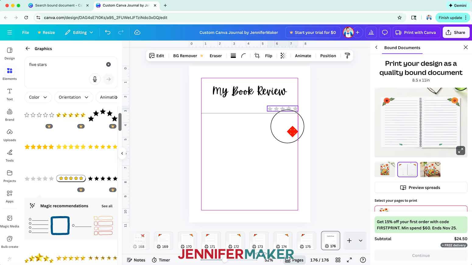 Position the five stars graphic elements along the left guide line of the page.
