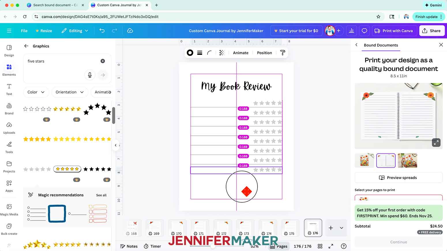 Use the guide tools to evenly place the lines on the book review page.
